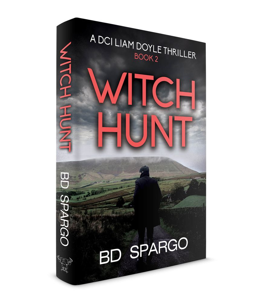 The image is the cover of Witch Hunt by BD Spargo. A man is standing in the foreground looking towards Pendle Hill