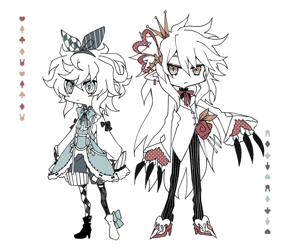 fanart of satoru enishi and scharhrot vampir from cardfight vanguard g dressed in alice- and queen of hearts- inspired clothing (satoru as alice and scharhrot as the queen). they are also so little