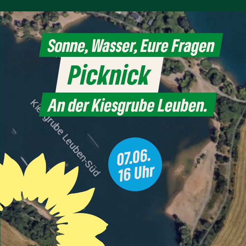 Hintergrundbild ist ein Luftbild der Kiesgrube Leuben, darüber der Text: Sonne, Wasser, Eure Fragen, Picknik an der Kiesgrube Leuben, 07.06. um 16 Uhr