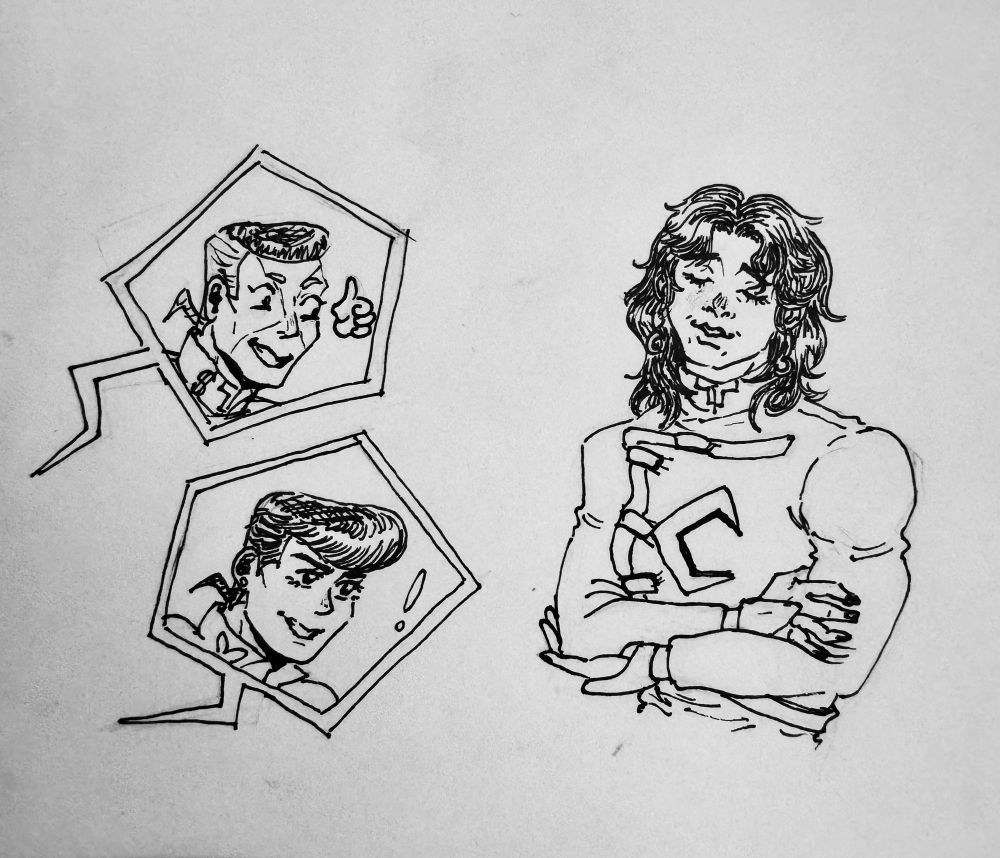 My OC showing Josuke and Okuyasu their new shorter haircut, which is a wolfcut. Their reaction is shown in two bubbles, because they’re off screen. 