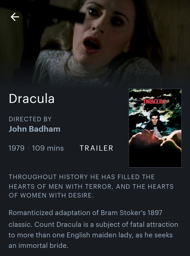 Screenshot of the Letterboxd page for Dracula (1979), directed by John Badham.

The summary begins: "Romanticised adaptation of Bram Stoker's 1897 classic."