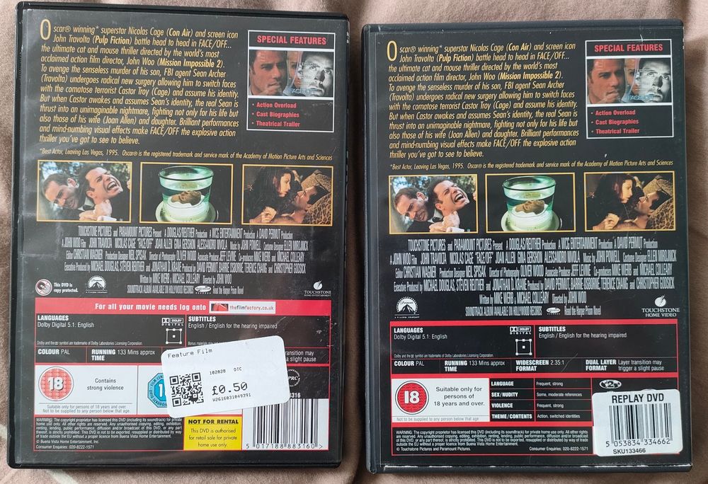 The back covers of two DVD copies of Face/Off. The Film Factory edition on the left has a slightly different layout, and a "Not for rental" message.