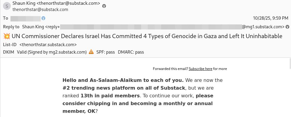 Email from "Shaun King <thenorthstar@substack.com>" which starts with the following text, pictured: "Hello and As-Salaam-Alaikum to each of you. We are now the #2 trending news platform on all of Substack, but we are ranked 13th in paid members. To continue our work, please consider chipping in and becoming a monthly or annual member, OK?"