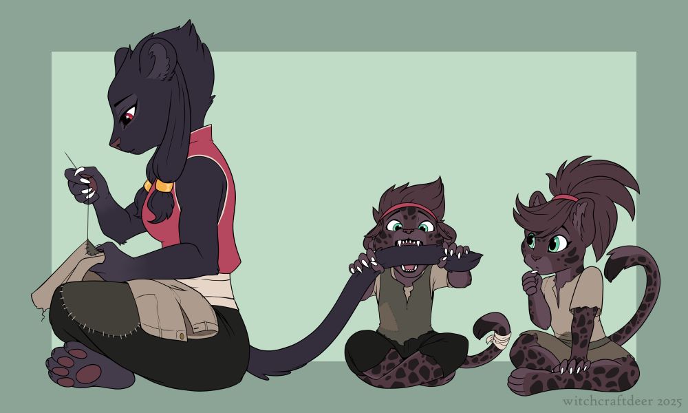 Digital illustration featuring three anthropomorphic jaguar characters, one older sister and two younger twins. The older sister, Clairen, is mending a pair of pants. Her tail is in the hands and open jaws of her younger brother, Ren. The twin sister, Issa, watches her brother curiously as she awaits for chaos to unfold.