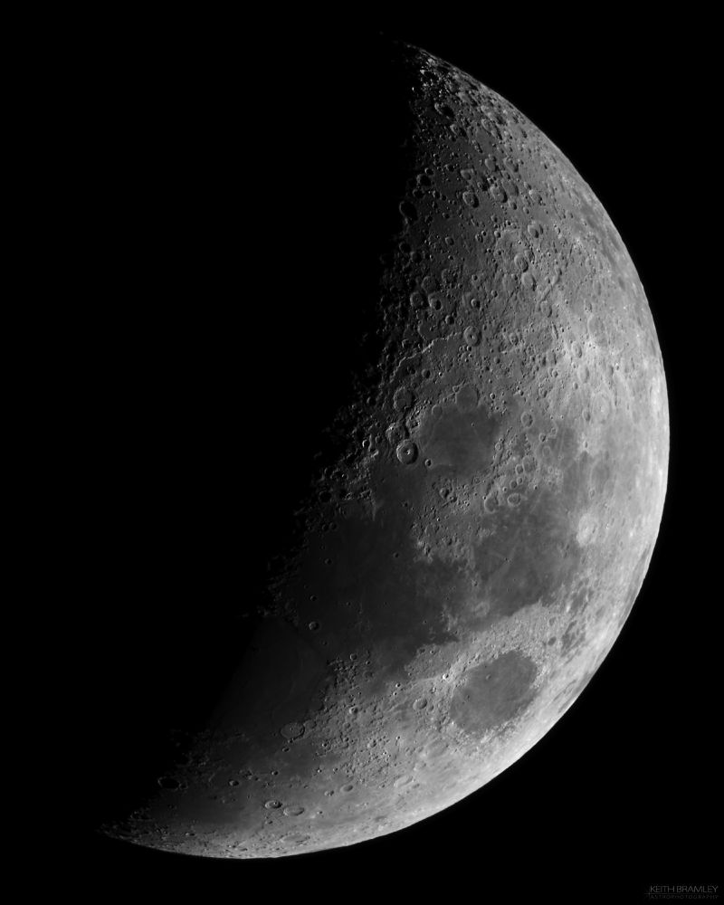 40 percent illuminated Moon, it is in the waxing crescent phase so is becoming more illuminated each passing day. Lots of craters can be seen, especially along the terminator, the line between night and day on the Moons surface