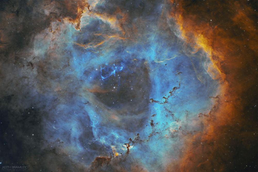 The central region of the Rosette Nebula, also known as SH2-275 and contains the open cluster NGC 2244. There is a blue central region comprising of OIII emmisons, there is an interesting collection of darker dust regions atthe bottom known as the Carnival of Animals