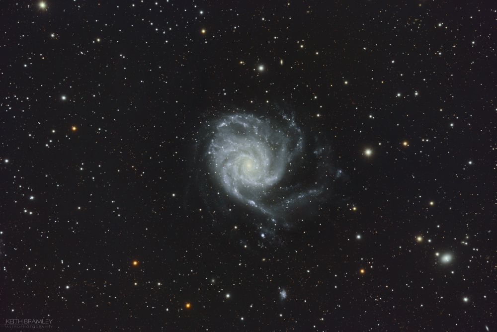 A large spiral galaxy surrounded by thousands of stars. There are faint dust lanes visible in the galaxy.