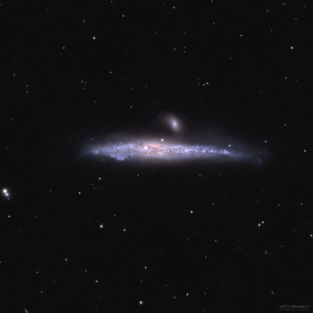 NGC 4631 (also known as the Whale Galaxy or Caldwell 32) is a barred spiral galaxy in the constellation Canes Venatici about 30 million light years away from Earth. It was discovered on 20 March 1787 by German-British astronomer William Herschel. This galaxy's slightly distorted wedge shape gives it the appearance of a herring or a whale, hence its nickname. Because this nearby galaxy is seen edge-on from Earth, professional astronomers observe this galaxy to better understand the gas and stars located outside the plane of the galaxy