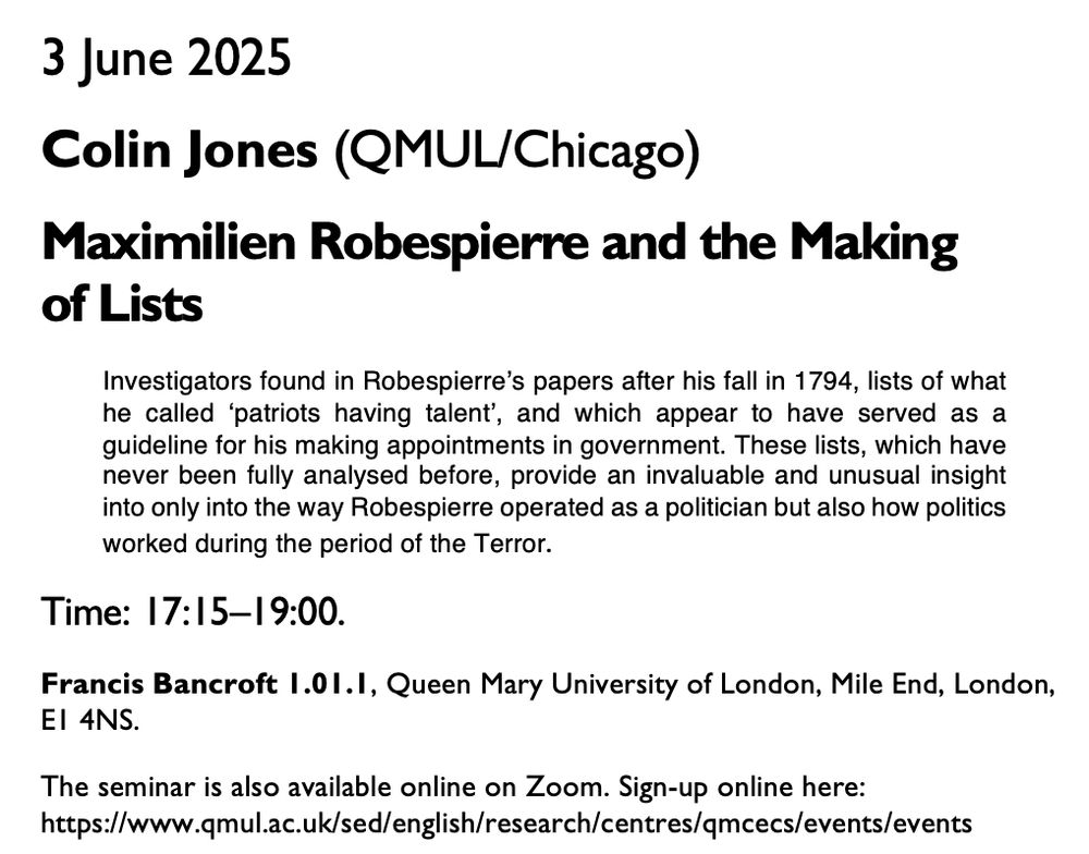 QMCECS Seminar 3 June: Prof Colin Jones (QM/Chicago) on Robespierre's Lists