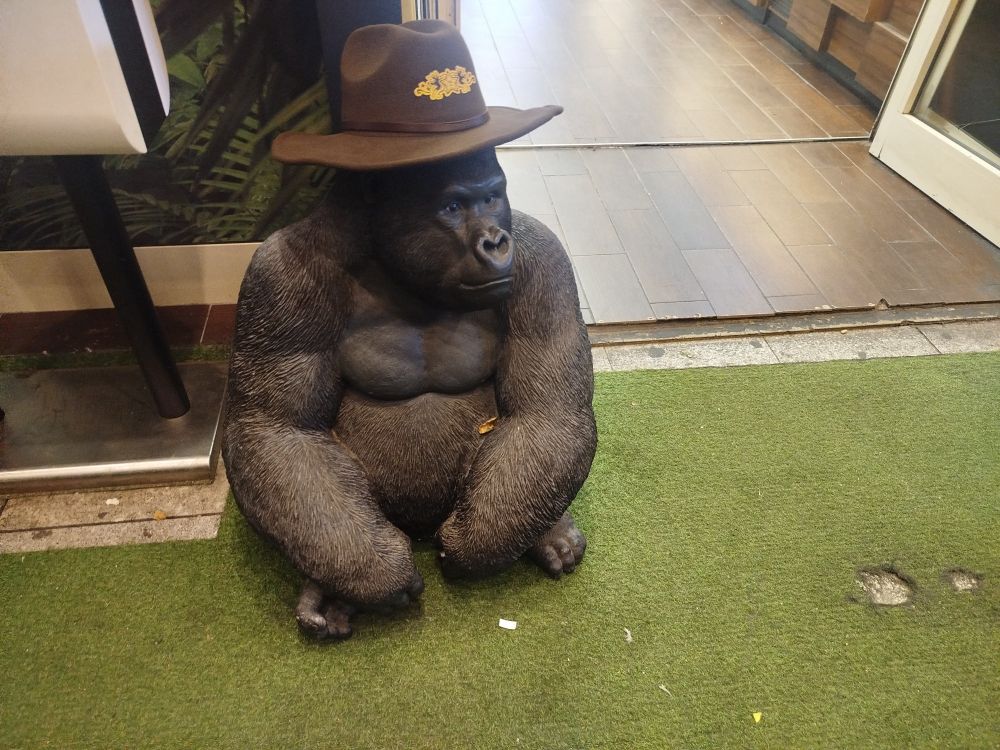 Statue de gorille portant un chapeau de cow boy. La statue regarde au loin, comme si elle était prise dans une profonde réflexion philosophique sur le sens de la vie. 