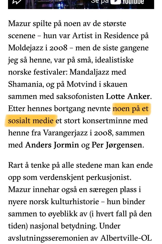 Skjermbilde sv linken i quote post, med teksten «noen på et sosialt medie» uthevet.