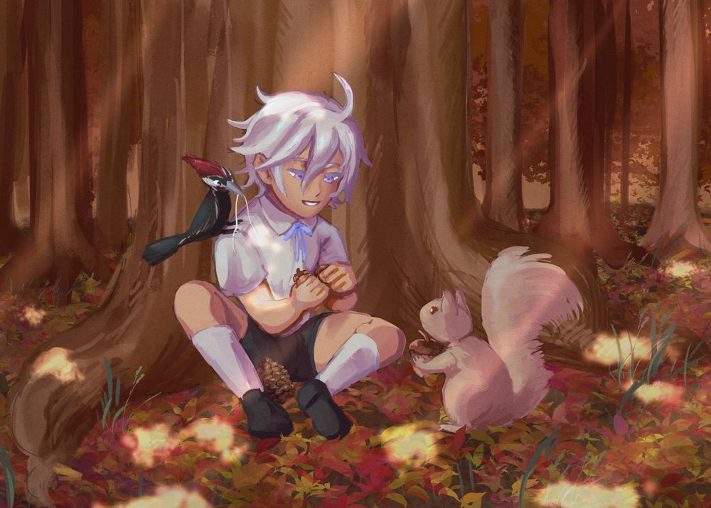 baby silver accepting acorns from a squirrel while a woodpecker holds a string for them on his shoulder. he's also collected a pinecone!