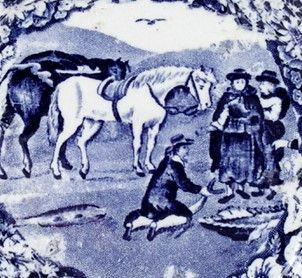 Image from plate of The Ladies of Llangollen looking down at man holding large fish; two horses sand in background  https://museum.wales/blog/1834/A-Story-on-a-Plate-The-Ladies-of-Llangollen/ 