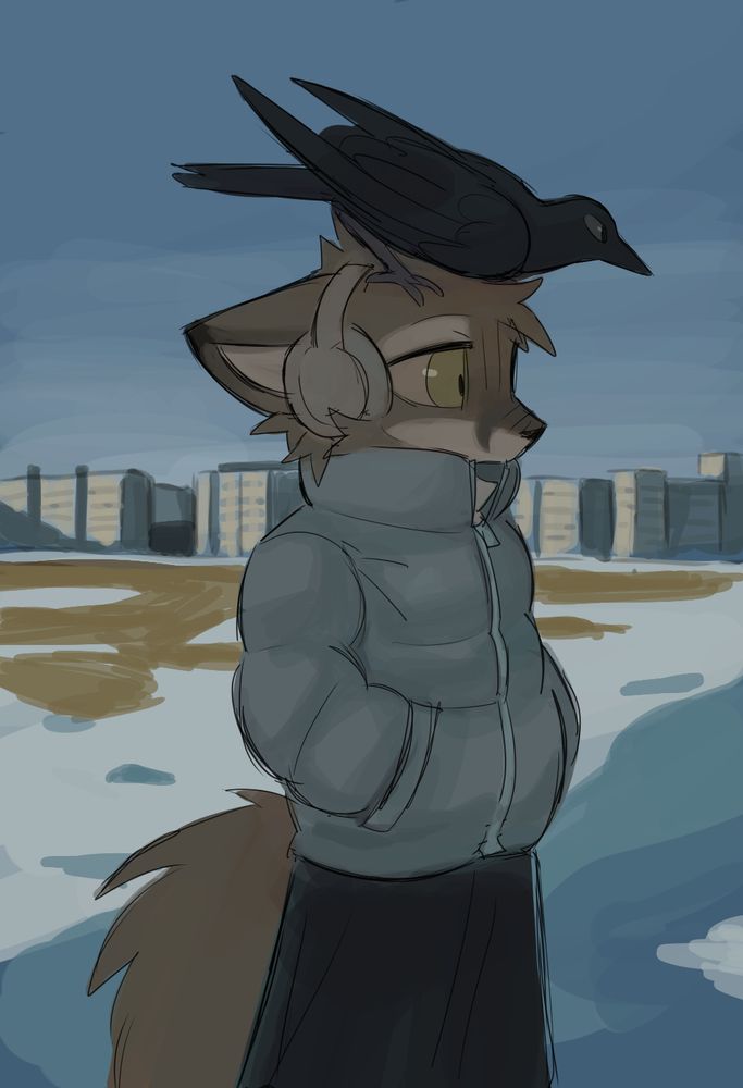 Digital painting of an anthro fox and her companion Raven.