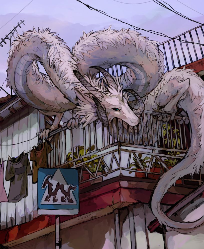 Digital painting of a long white dragon perched awkwardly on a balcony railing.