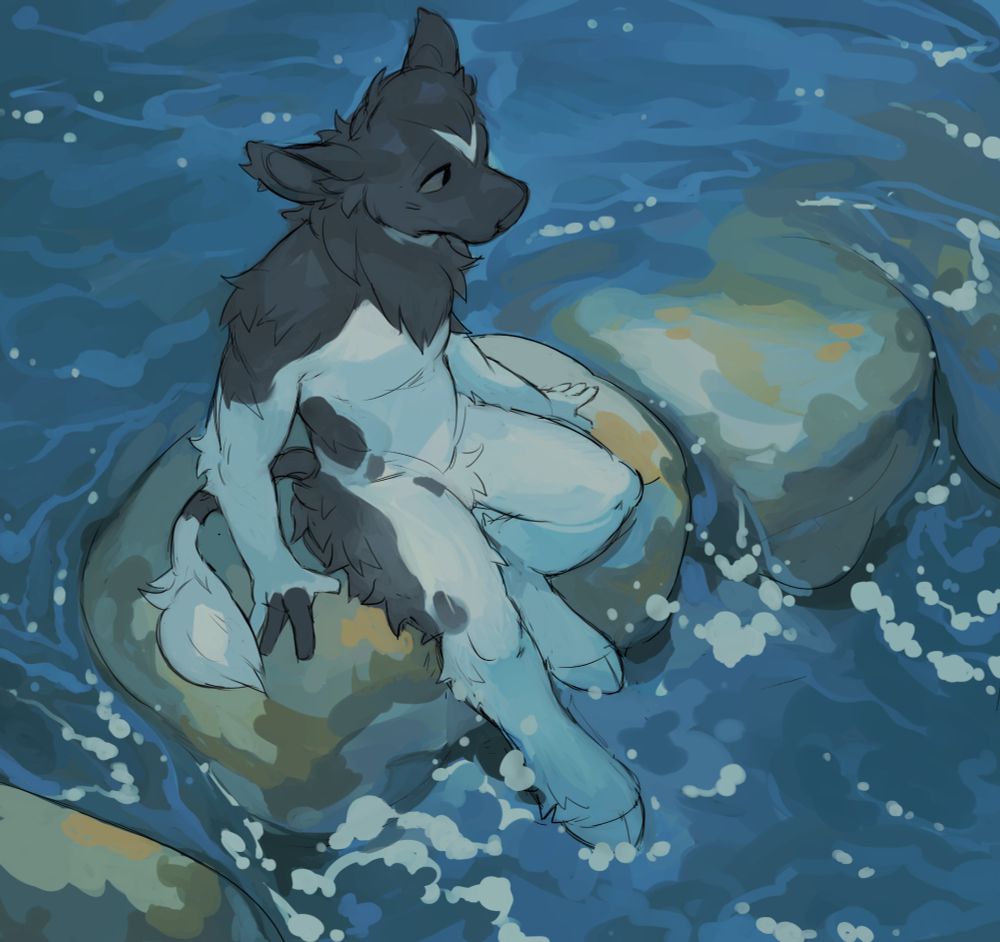 Anthro bovine sitting on rocks by the sea shore