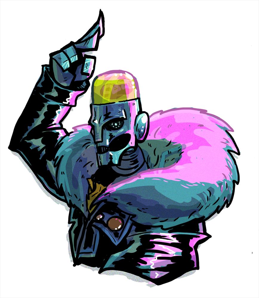 A digital bust illustration of a robot saluting. He's wearing a leather coat with a massive fur trimmed hood - the light is glowing pink against him.