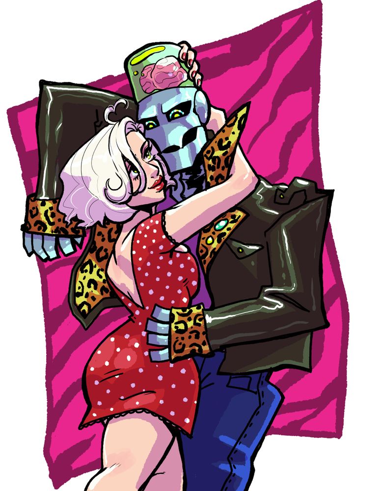 A bleach blonde woman in a red dress with white polka dots is hanging on to a robot man wearing a leather jacket with leopard print details.