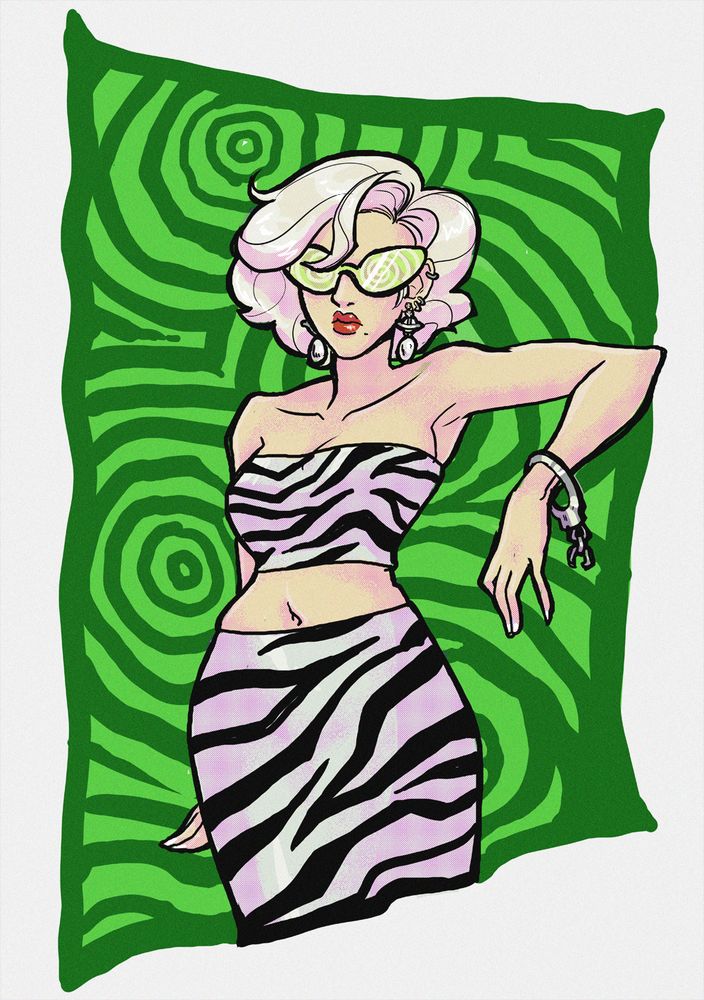 An illustration of a woman standing before a groovy, swirling green background. She's wearing a tiger print tube top and long skirt - a handcuff on the left wrist, and Vivienne Westwood earrings. 