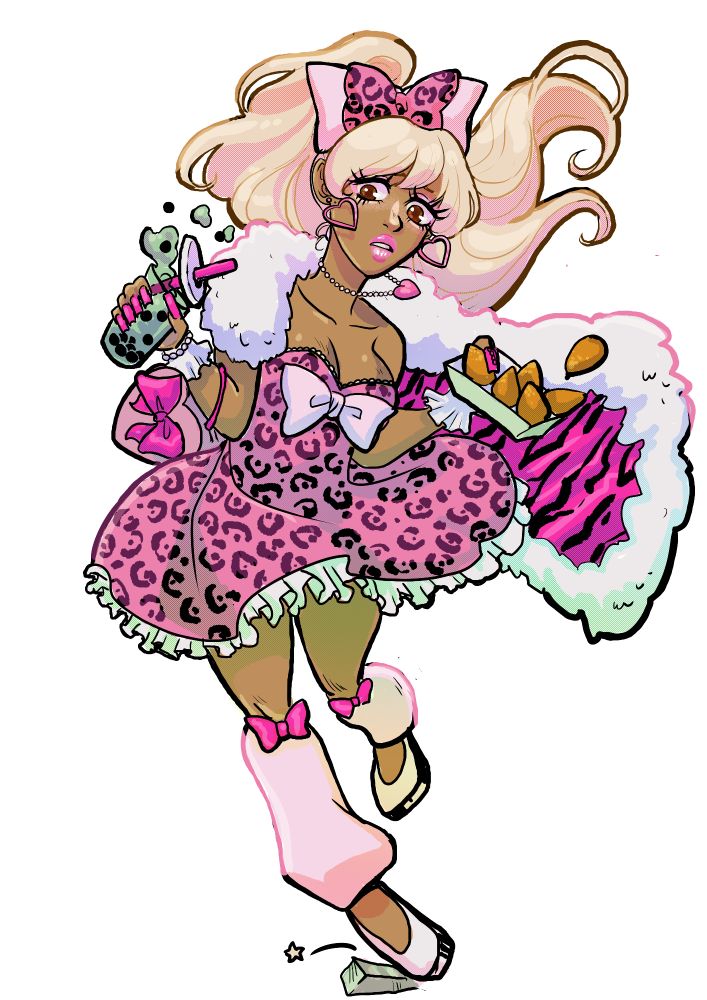 A full digital image of a gyaru in a pink leopard print dress - she's tripping over a rock while squeezing a boba drink too hard. 