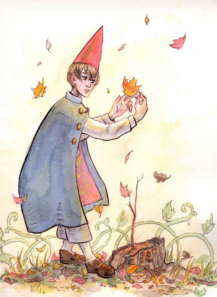 A watercolor and ink image of Wirt from Over the Garden Wall. He is standing next to a stump while holding a leaf. 