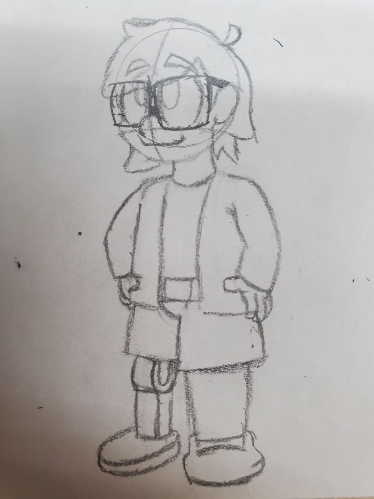Cody, whose outfit is not too different, but his glasses are bigger and he wears shorts, exposing his prosthetic leg