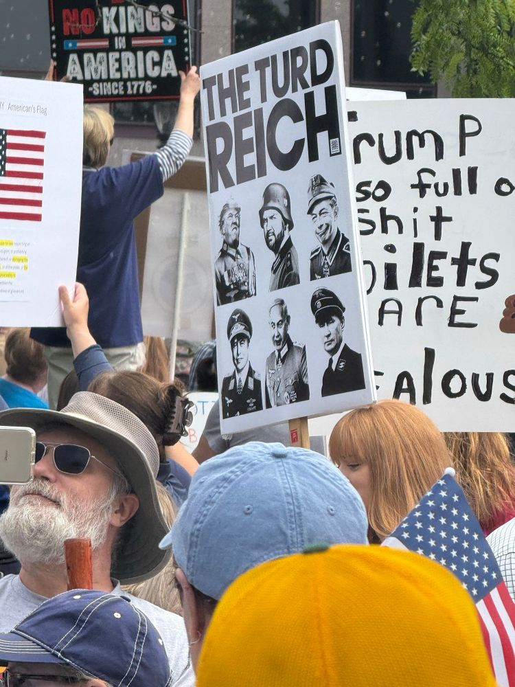 A sign in the middle of a crowd says turd Reich and shows pictures of Trump cabinets dressed as Nazis.
