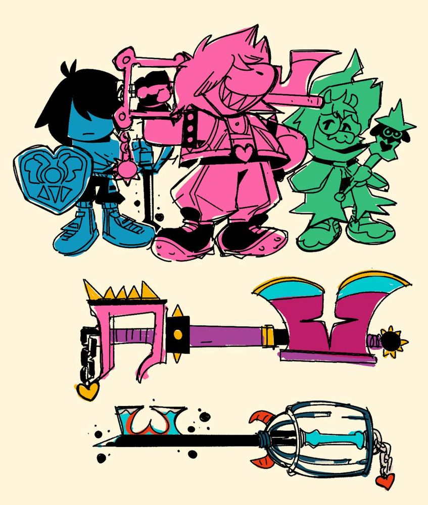 cleaned up sketches of Susie, Kris and Ralsei vaguely styled as kingdom hearts characters. There are also fan keyblade designs based off Susie and Kris's design motifs