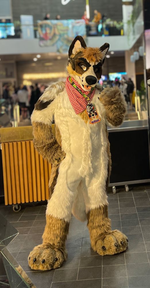 Canine fursuiter taking a selfie in a mirror sculpture 