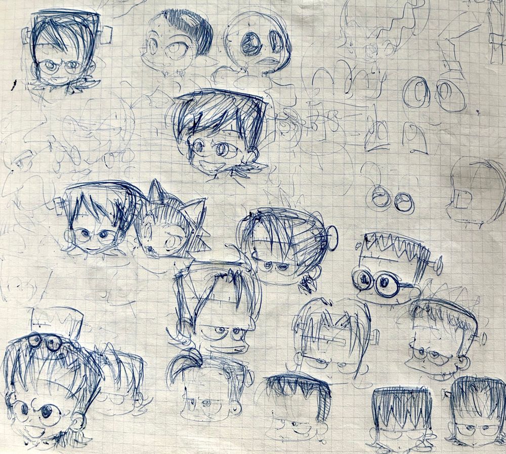 Bocetos de varios personajes del cómic Minimonsters dibujados a boli en hojas de libreta cuadriculadas