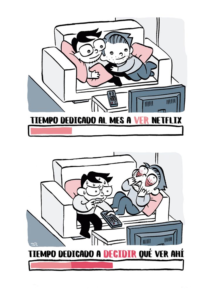 Dos viñetas:

En la primera viñeta, una pareja mira la tele tumbados en un sofá, sonriendo relajados.

Texto bajo la viñeta: tiempo dedicado a ver Netflix.
Bajo el texto, un gráfico en forma de barra indica la cantidad de tiempo.

En la segunda viñeta, esa misma pareja está en el sofá, uno con el mando a distancia en la mano, pensativo, y el otro al borde de la histeria homicida.

Texto bajo la viñeta: tiempo dedicado a decidir qué ver.
Bajo el texto, un gráfico en forma de barra indica la cantidad de tiempo, sensiblemente mayor que la de la primera viñeta.
