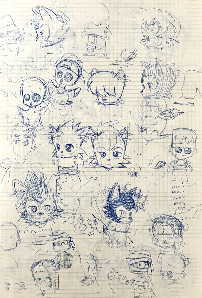Bocetos de varios personajes del cómic Minimonsters dibujados a boli en hojas de libreta cuadriculadas
