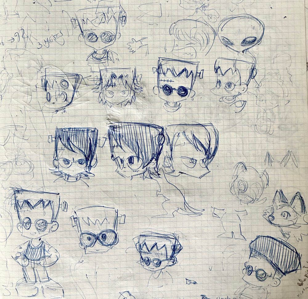 Bocetos de varios personajes del cómic Minimonsters dibujados a boli en hojas de libreta cuadriculadas