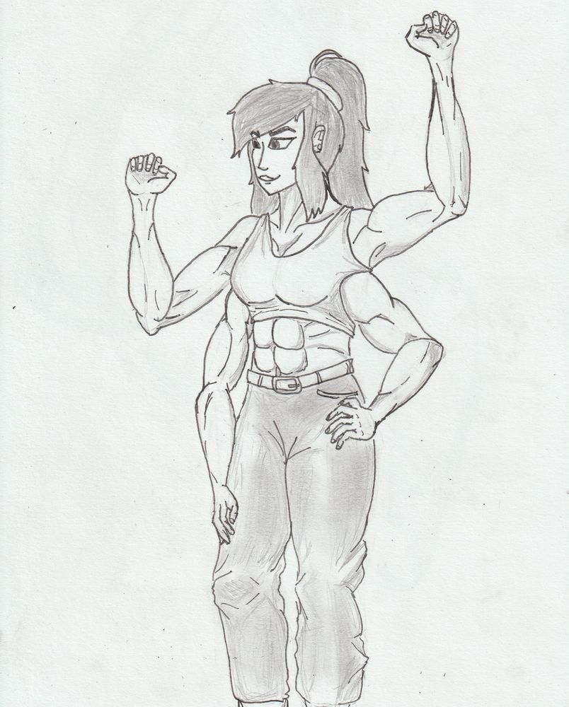 Drawing of a 4 armed muscular girl showing off her arms