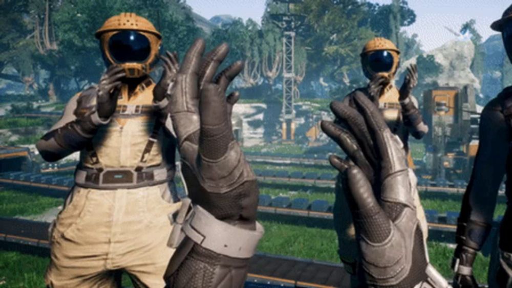 a group of people wearing gloves are standing in a video game