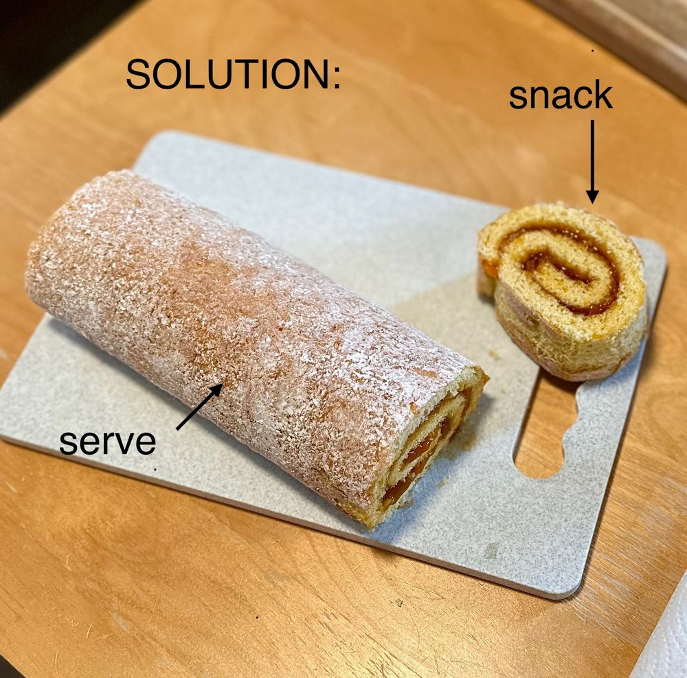 The same cake roll on the same cutting board. The damaged crust section has been cut off and labeled “snack” and the large remaining portion has been labeled “serve”. The word “solution” has been added at the top of the photo.