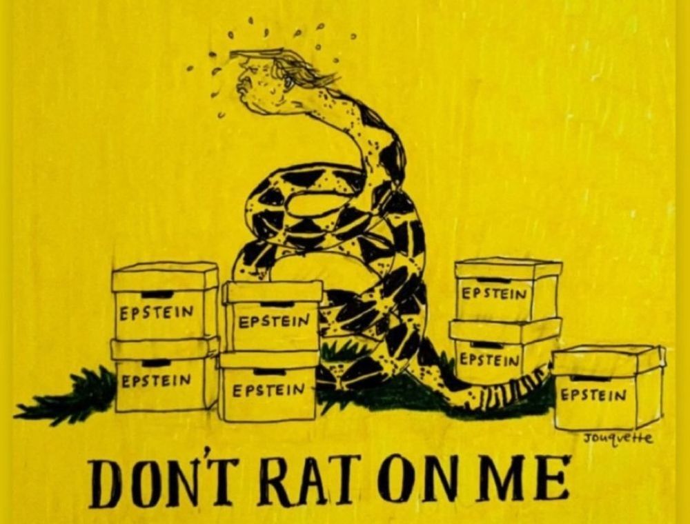 Don't tread on me, snake but the head is Trump and instead of "tread" it says "RAT"

Surrounded by file boxes marked Epstein. 
