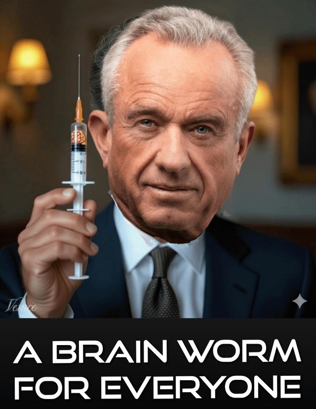 A brain worm for everyone Imafe of RFK jr holding a syringe full of brainworms