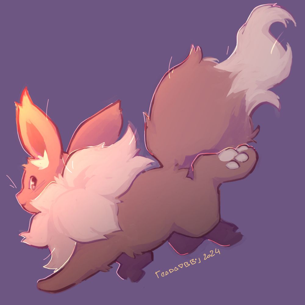 Eevee drawing, it is jumping or running, we face it a bit from behind. It's very fluffy, and eyeing back at us. Its face is lighted by a yellow sunset like source of light.
