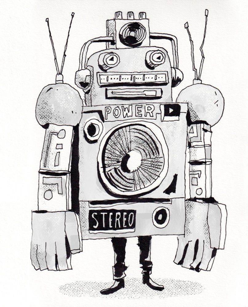 black and white drawing of a man dressed in a cardboard stereo costume