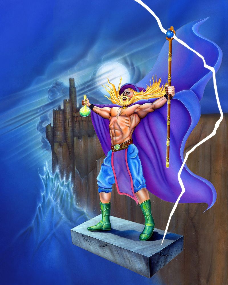 Original cover art for Solstice on the NES- A ripped blonde wizard on a floating rectangle and his arms stretched out triumphantly. Cloak blowing in the wind, a lightning bolt strike near his feet