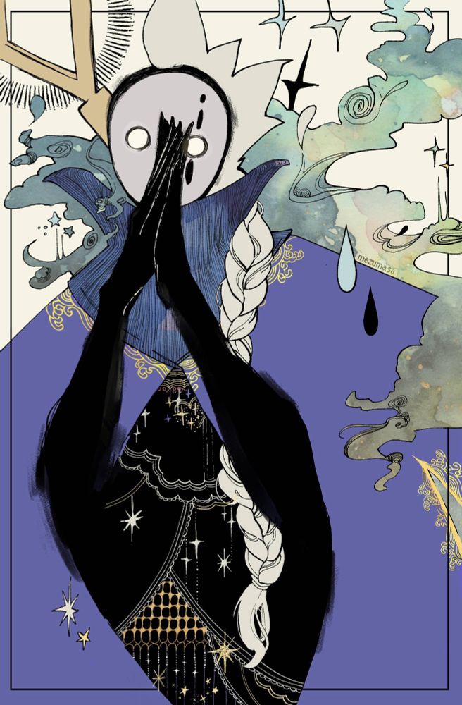 An illustration of an incorporeal black figure, wearing a gray mask with glowing white eyes, a blue cape and a staff on its back. The figure’s hair is a white mohawk with a long braid resting on its left shoulder. Inside the cape, a pitch black space with white and golden details reminiscing a decorated curtain can be seen. Behind the figure, the background is bright and colourful, reminding of a clear sky. Little stars, sparkles and golden details are scattered here and there. This character belongs to a friend of mine, it’s his Sky: Children of the Light sky kid.