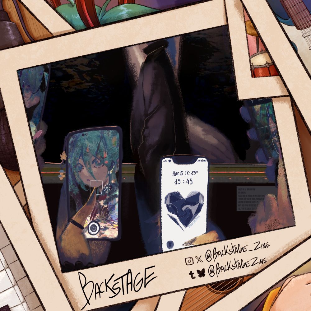 Preview picture for Backstage, a zine dedicated to vocaloid producers. Inside of the frame there is a cropped piece of my illustration dedicated to Wowaka; there are numerous references to his music and different Miku can be seen.