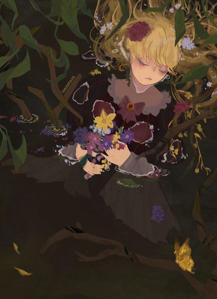 An illustration of Beatrice from the visual novel Umineko no Naku Koro ni. The painting is a personal rendition of Ophelia, where Beatrice is resting in a pond of muddy water, her golden hair loose and a bouquet of flowers in her hands. The flowers depicted are statices, daisies, asters, snapdragons, and a single daffodil. Each one has meaning.
Her figure is framed by flowers scattered around the water, various branches above her, and a single golden butterfly resting on one of those branches.