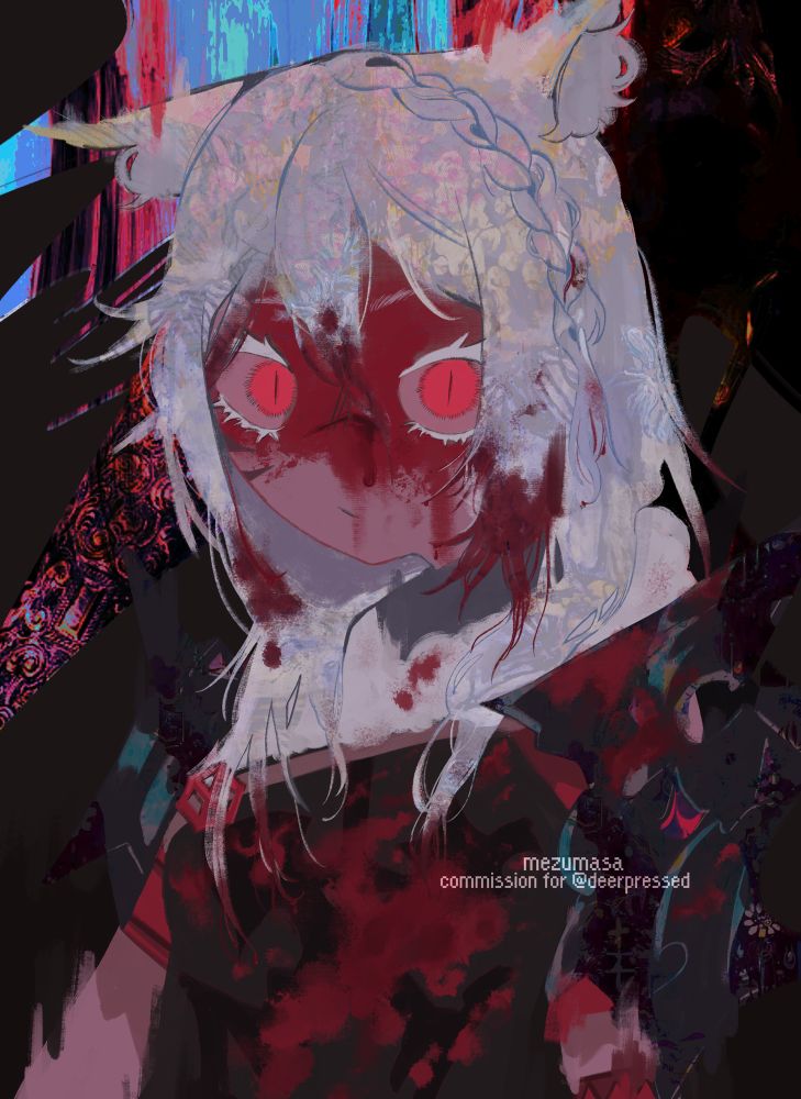 Commission of a miqo’te from the game Final Fantasy XIV (2023). She has messy grey medium length hair, red eyes and cat ears. Her face, gear and part of her hair are covered in blood. The braid on the left side of her head, also stained in blood, is coming loose.

✦【 #art #ffxiv #ff14 #finalfantasy #wol #oc #originalcharacter #originalcharacters #ocsky #イラスト #originalart #ocartist #artmoots #kawaiiart #cuteart #animeart #digitalart #illustration #commission #miqote 】