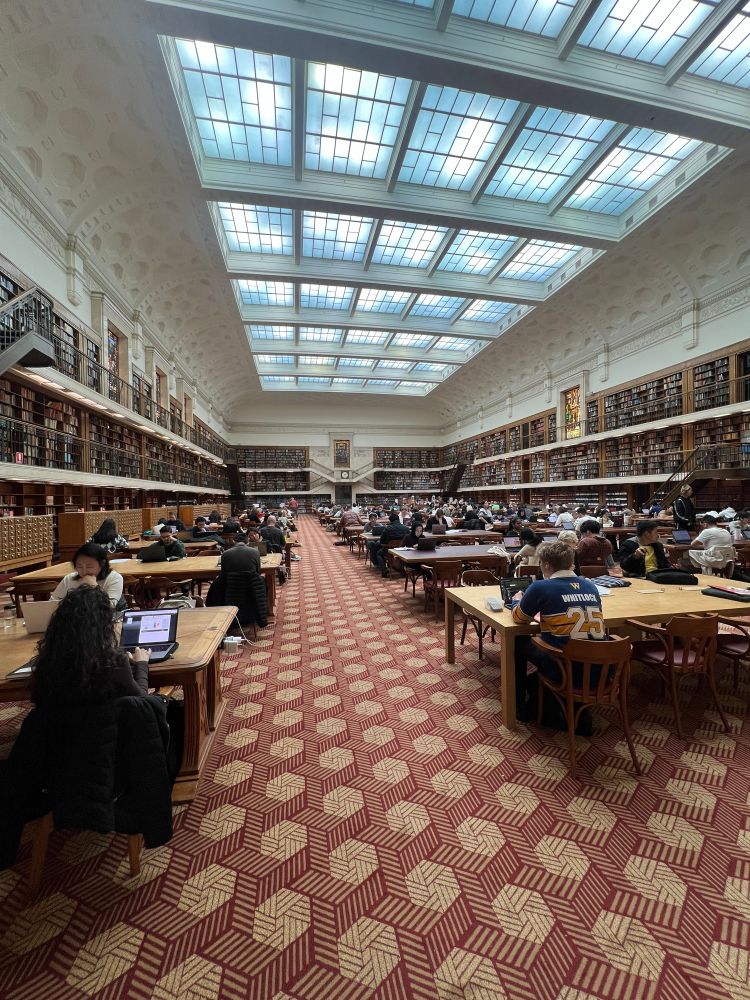 A magnificent and enormous room, two levels of galleries around the edges, the walls lined with bookcases filled with old tomes, and ground level full of tables with people working. 
