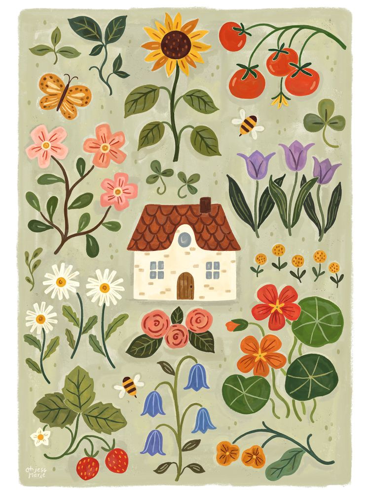 Painterly illustration of a cute little house surrounded by garden botanicals—a sunflower, nasturtiums, strawberries, daisies—plus bumblebees and butterfly! The background is painted a light sage green.