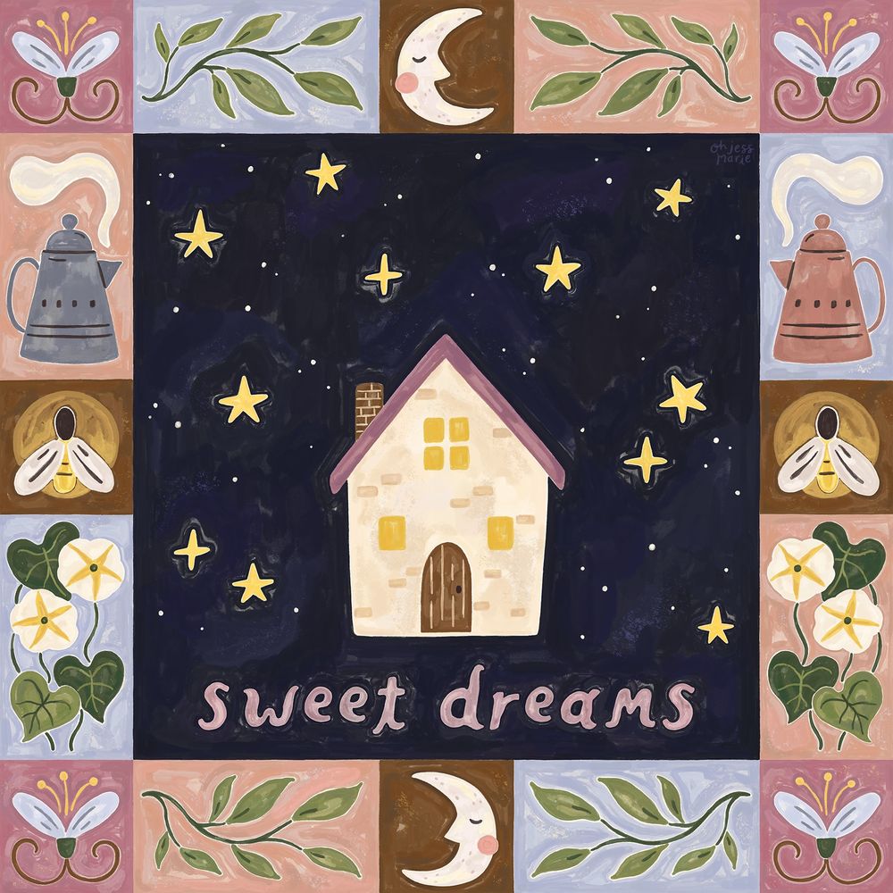 A soothing illustration of a house surrounded by a night sky filled with glowing stars, accompanied by the phrase “Sweet Dreams” and a decorative border of magical night time motifs—moons, flowers, fireflies, and teapots.