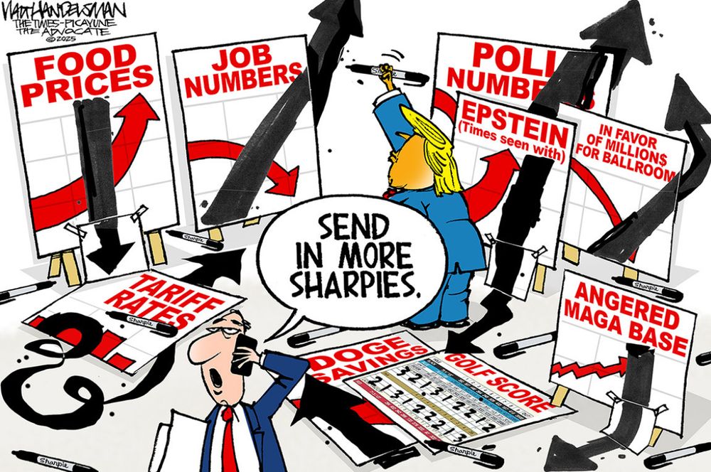 Political cartoon. Trump is pictured drawing arrows over graphs to make them say the opposite of what’s originally depicted. For example, one graph shows food prices going up, but Trump’s Sharpie marks show a downward arrow. 

A man on the phone says, “Send in more Sharpies.”
