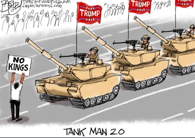 A man holding a sign saying “No Kings” stands in front of tanks flying “Trump” flags, reminiscent of Tiananmen Squre
